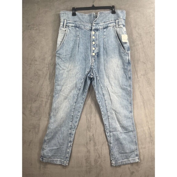 Free People Noah Foldover Jeans Size Medium Exposed Button Slouchy Stripe - Picture 2 of 10